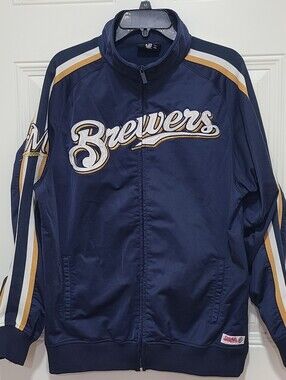 Baseball Stitches Medium Navy Bomber Jacket with Gold & White Trim Milwaukee M